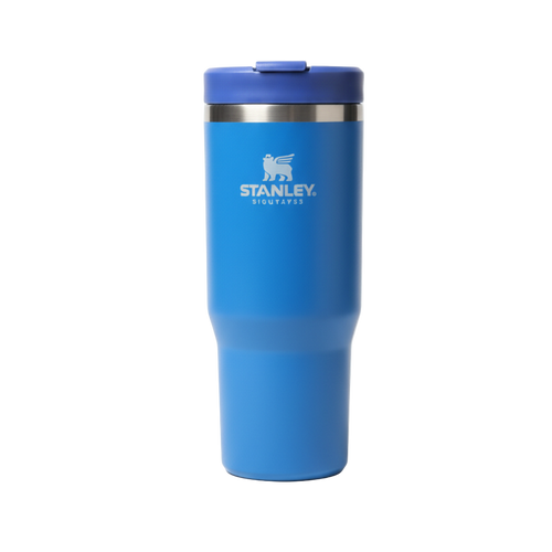 Blue Stanley tumbler on a white background