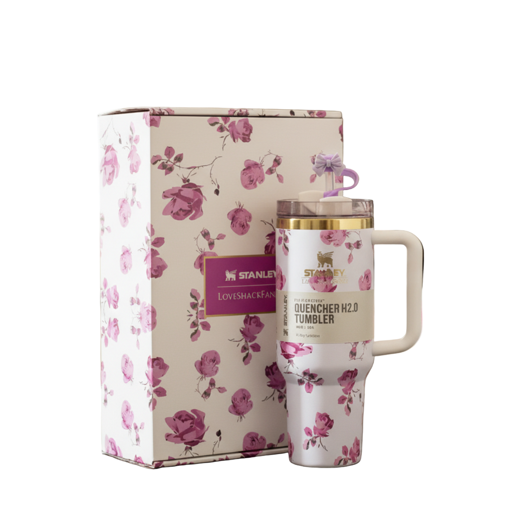Floral-patterned tumbler and packaging on a kitchen counter