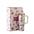 Floral-patterned tumbler and packaging on a kitchen counter